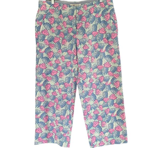 Vineyard Vines Pineapple Print Pant Women's 10 Linen Blend Crop Preppy Pink Blue - Picture 1 of 6